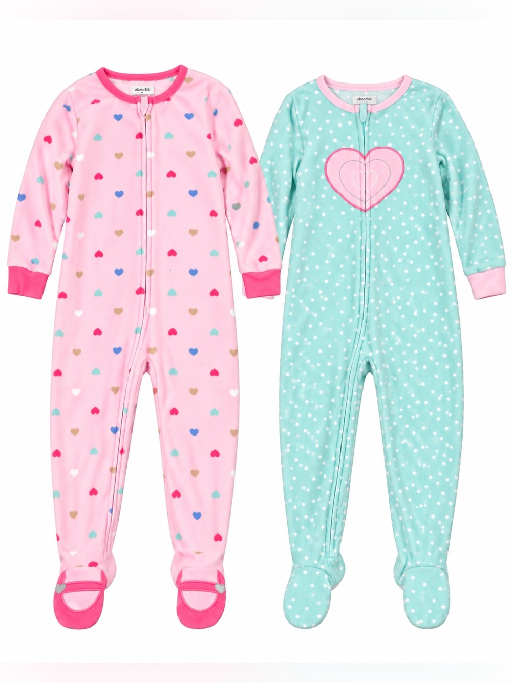 Absorba Girls 5T Fleece Footed Pajamas 2-Pack Heart Polka Dot Zip Sleepers